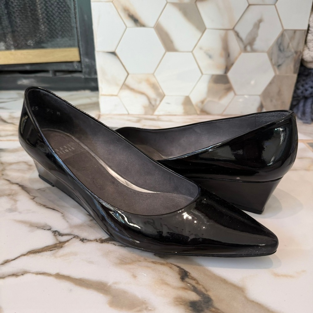 Stuart Weitzman‎ Pumps Women's 9.5 Black Patent Leather Pointed Toe Wedge